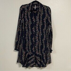Free People Dress Women’s Size XS Black with Floral Print Buttondown Shirt Dress